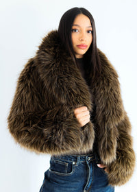 FAUX FUR CROPPED JACKET - BROWN