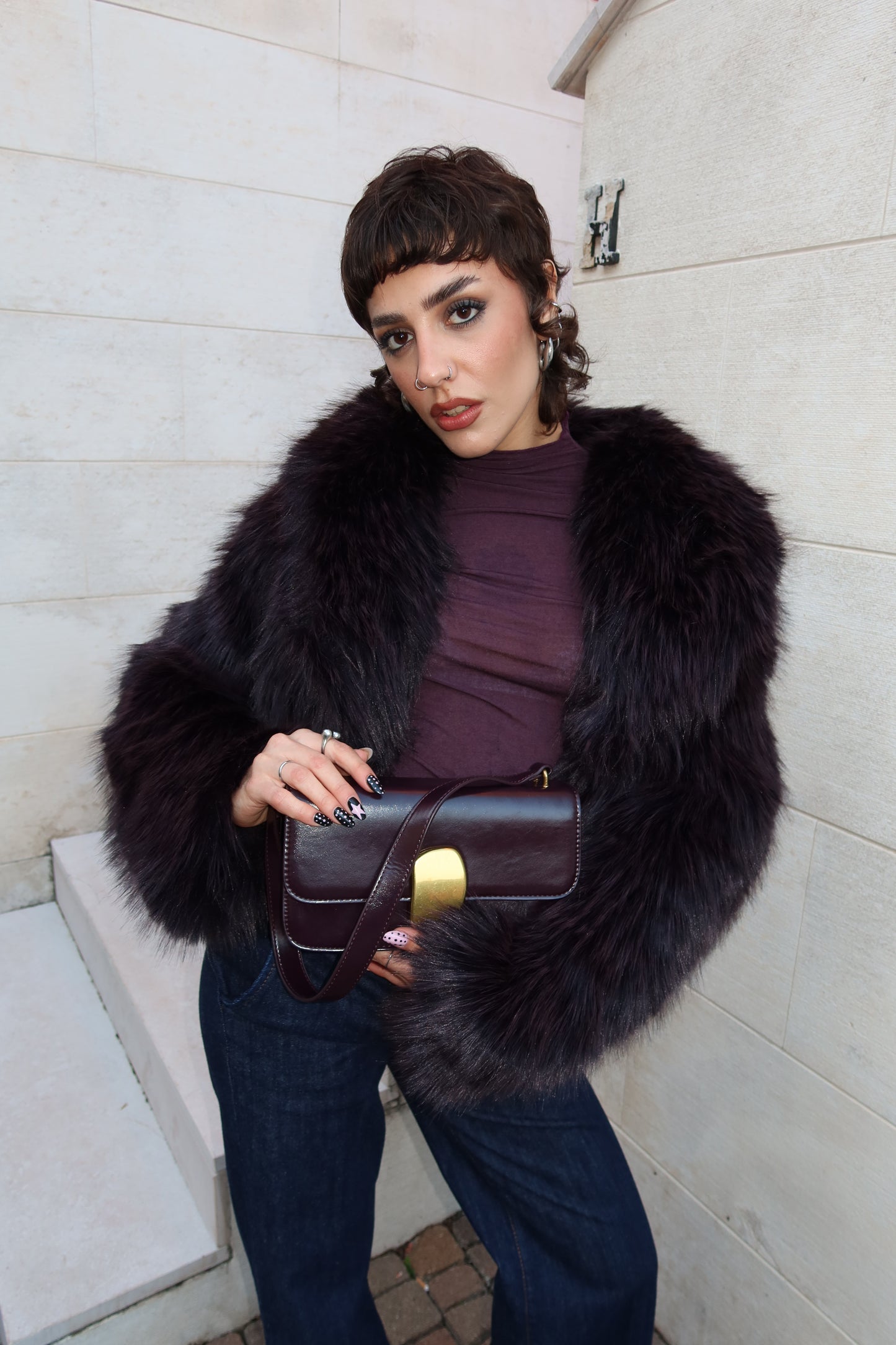 FAUX FUR CROPPED JACKET - VIOLET