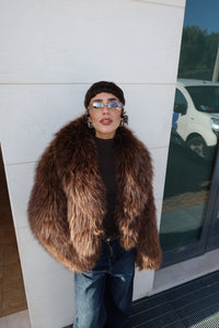 FAUX FUR CROPPED JACKET - BROWN